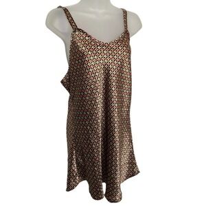 Vintage Cypress Slip Dress Chemise Nightgown Satin Geometric Print Coral‎ Green